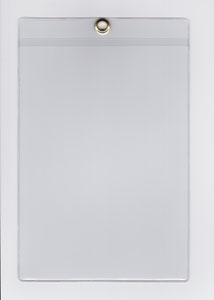 JOB TICKET HOLDER WITH 0.75" DROP - EXTERNAL DIMENSIONS 4.6250" x 6.5000" - OPEN ON SHORT SIDE - WITH BEADED EDGE, ROUND CORNERS AND BRASS EYELET