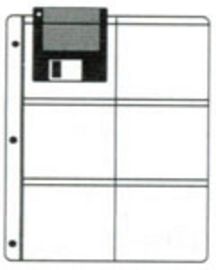 BINDER PAGE FOR HOLDING 6 FLOPPY DISCS -- WITH 0.25" DROP FOR EACH POCKET - EXTERNAL DIMENSIONS 8.3750" x 11.2500" - OPEN ON SHORT SIDE - WITH BEADED EDGE AND ROUND CORNERS