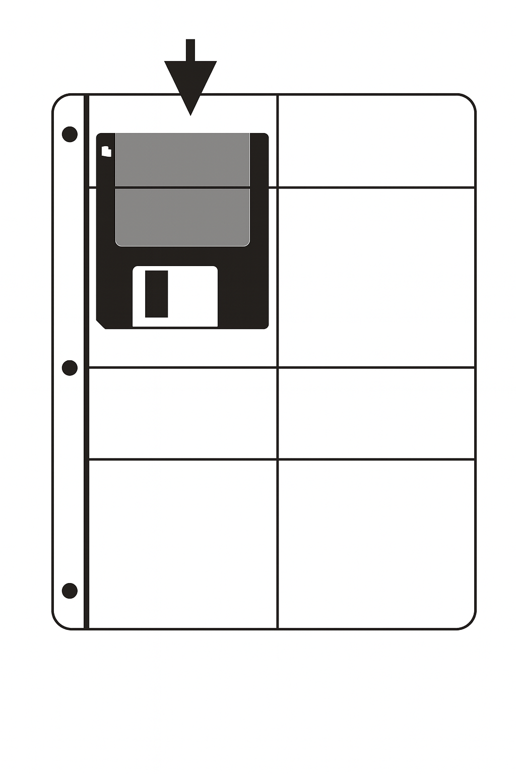 4 FLOPPY DISK HOLDER - BINDER PAGE WITH 0.25" DROP - EXTERNAL DIMENSIONS 8.4375" x 11.0000"